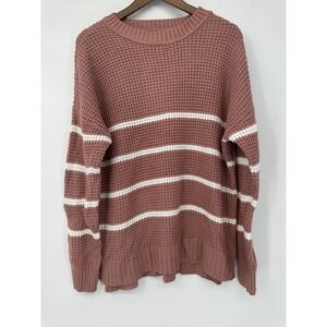 Mauve‎ Waffle Knit Striped Sweater Oversized Cozy Rib Hem Chunky Pullover Clean